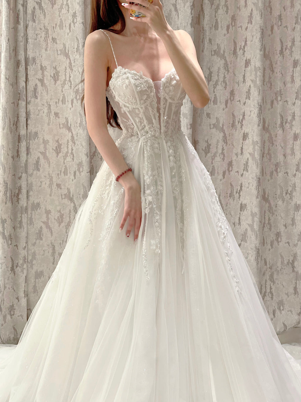 Sparkly Glitter Tulle A-Line Wedding Dress with Delicate Spaghetti Straps and Corset Bodice