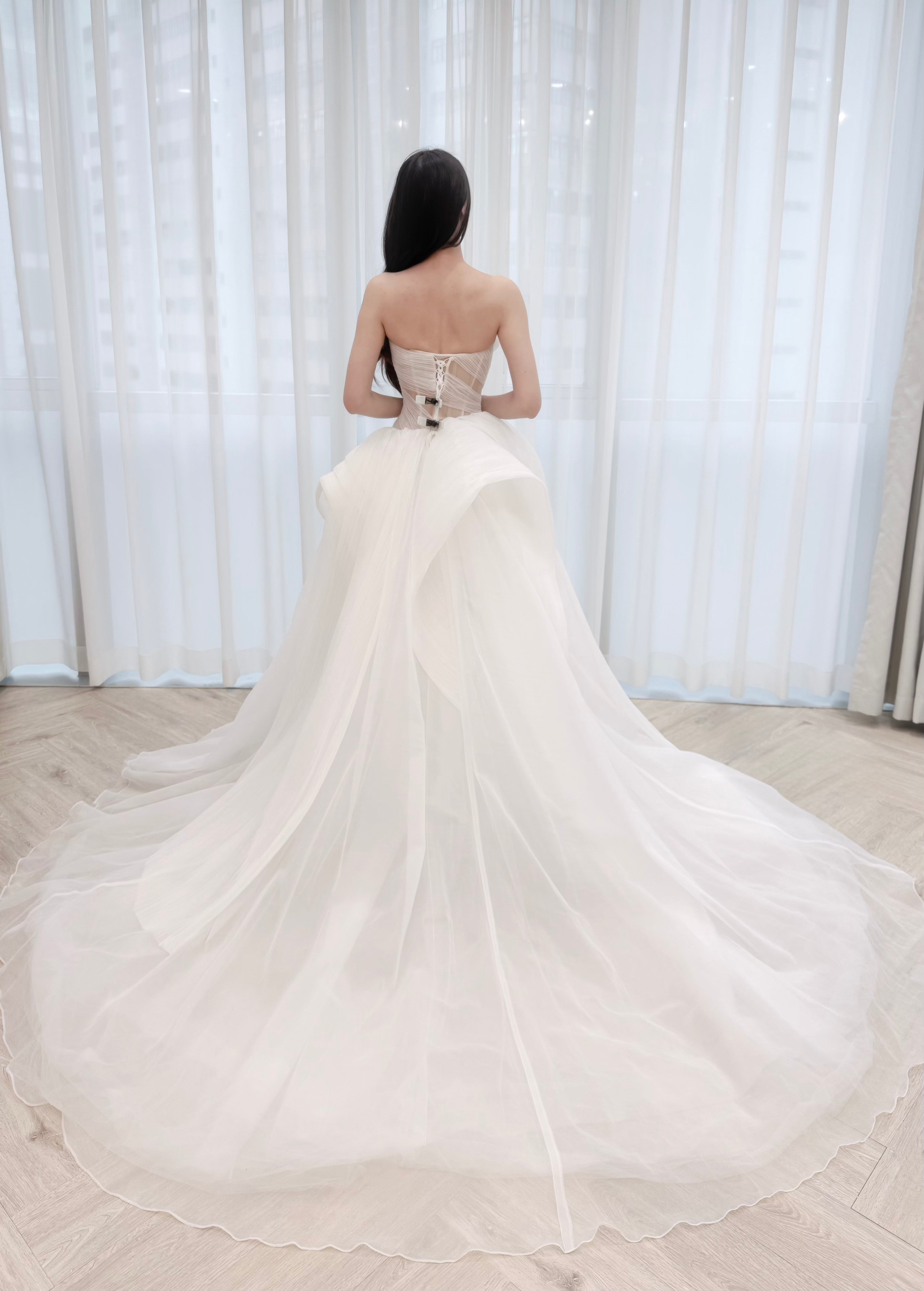 Ruched Strapless Tulle Ball Gown Wedding Dress