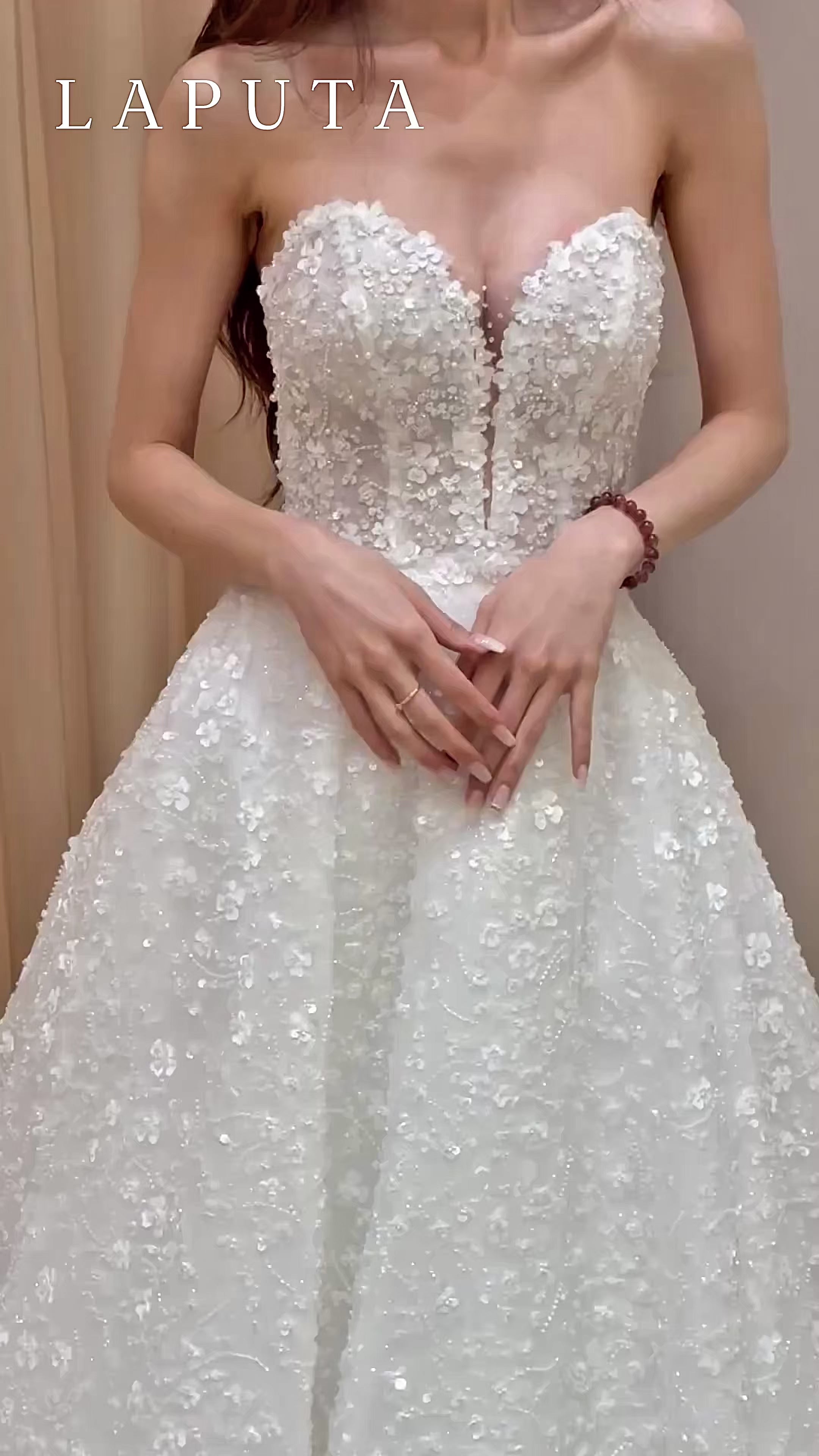 Off-the-Shoulder Beaded Lace Ball Gown Wedding Dress with Detachable Sleeves