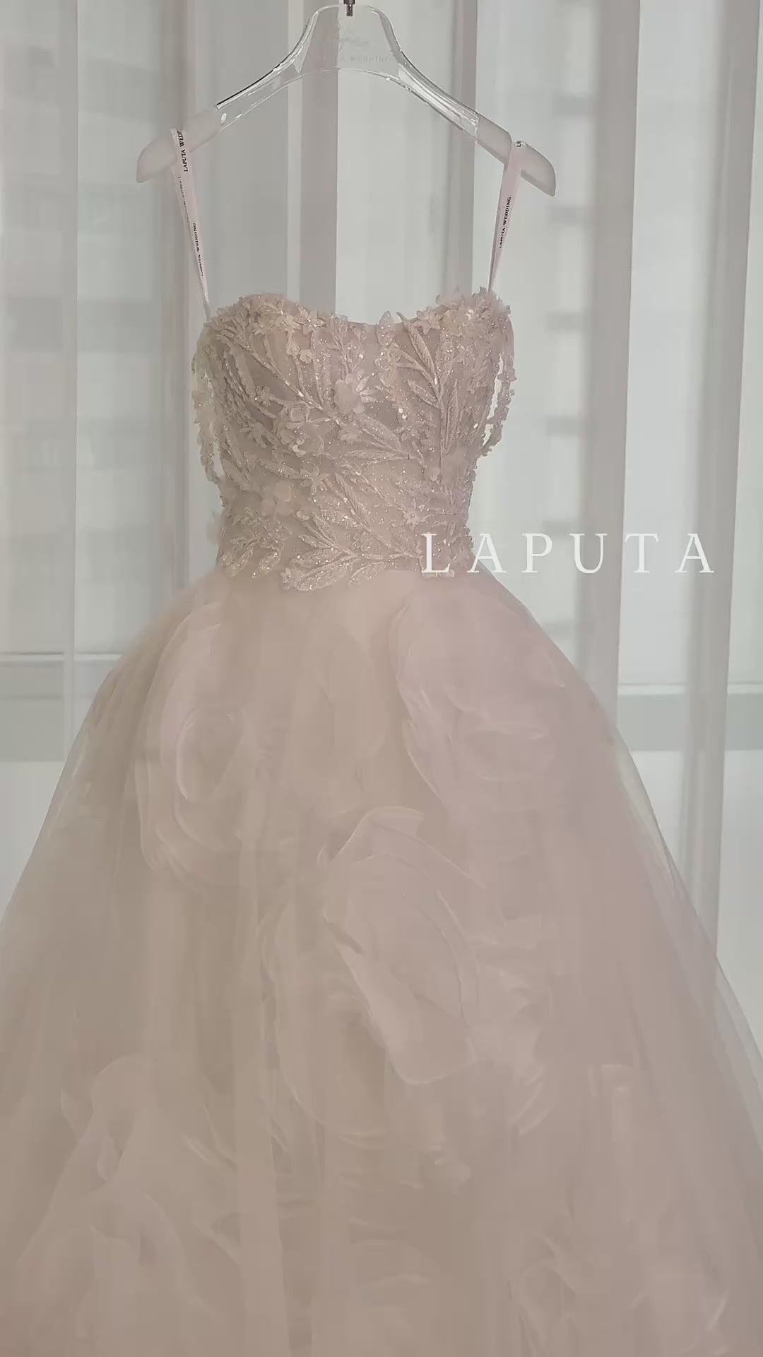 Convertible 3D Floral Ruffle Ball Gown Wedding Dress with Detachable Off-the-Shoulder Straps