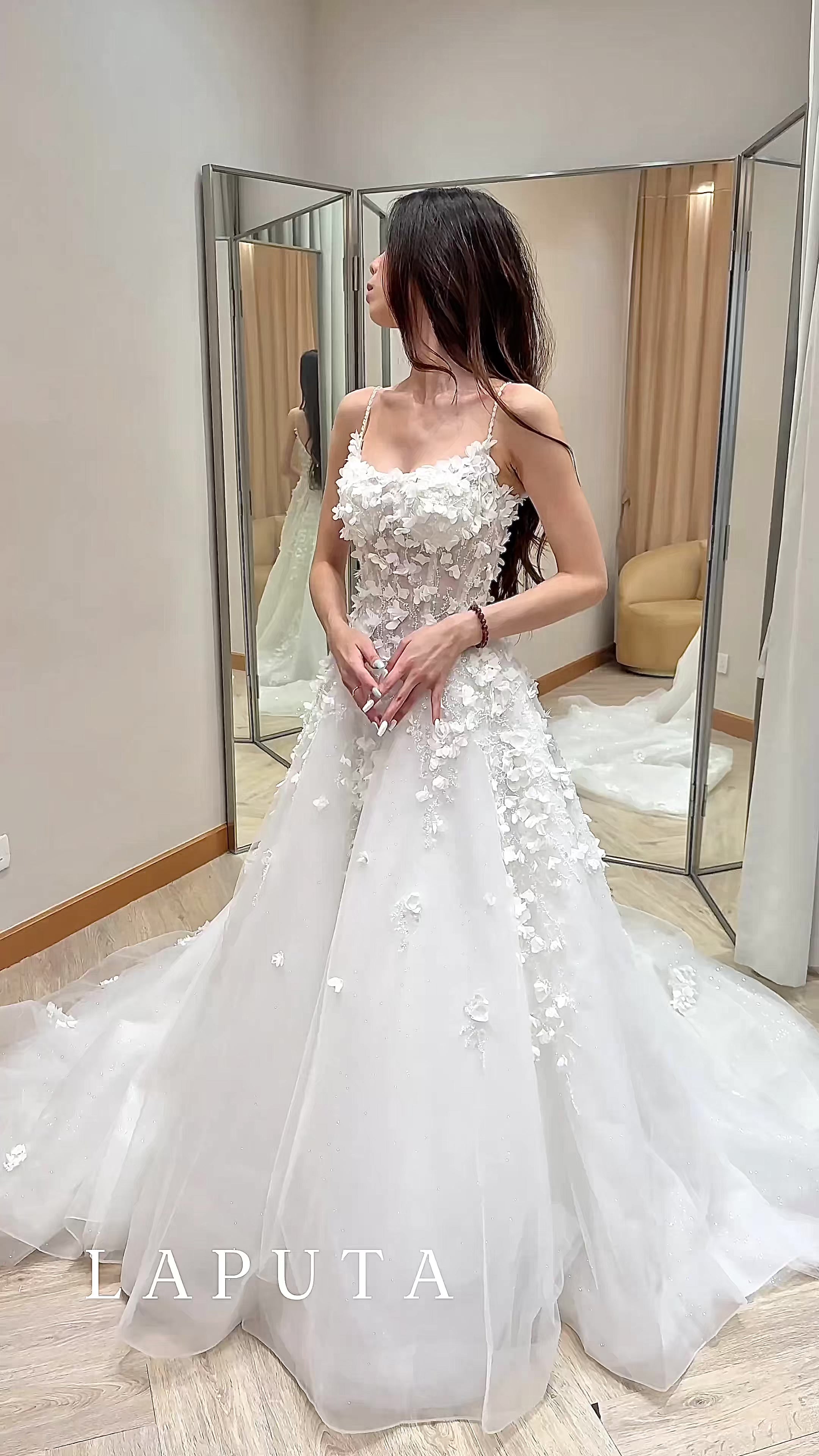 Spaghetti Strap 3D Floral Appliqué Ball Gown Wedding Dress