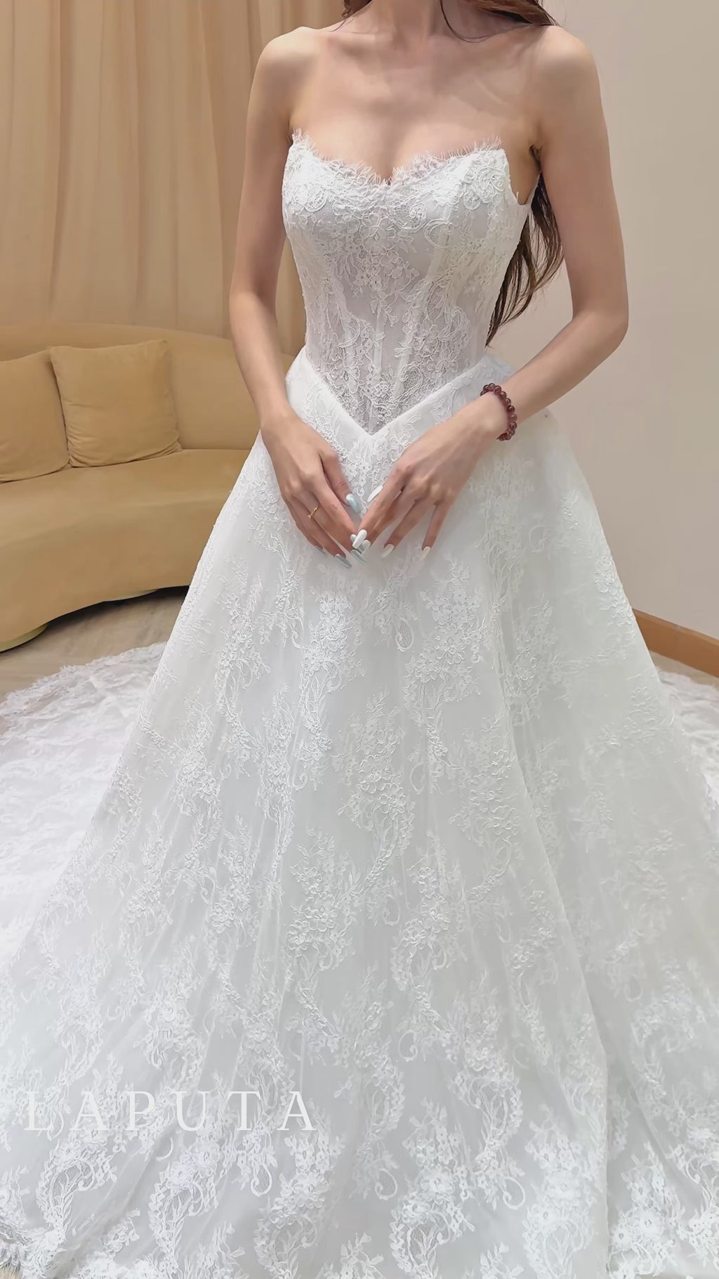 Lace Ball Gown Wedding Dress with Detachable Pearl Off-the-Shoulder Straps