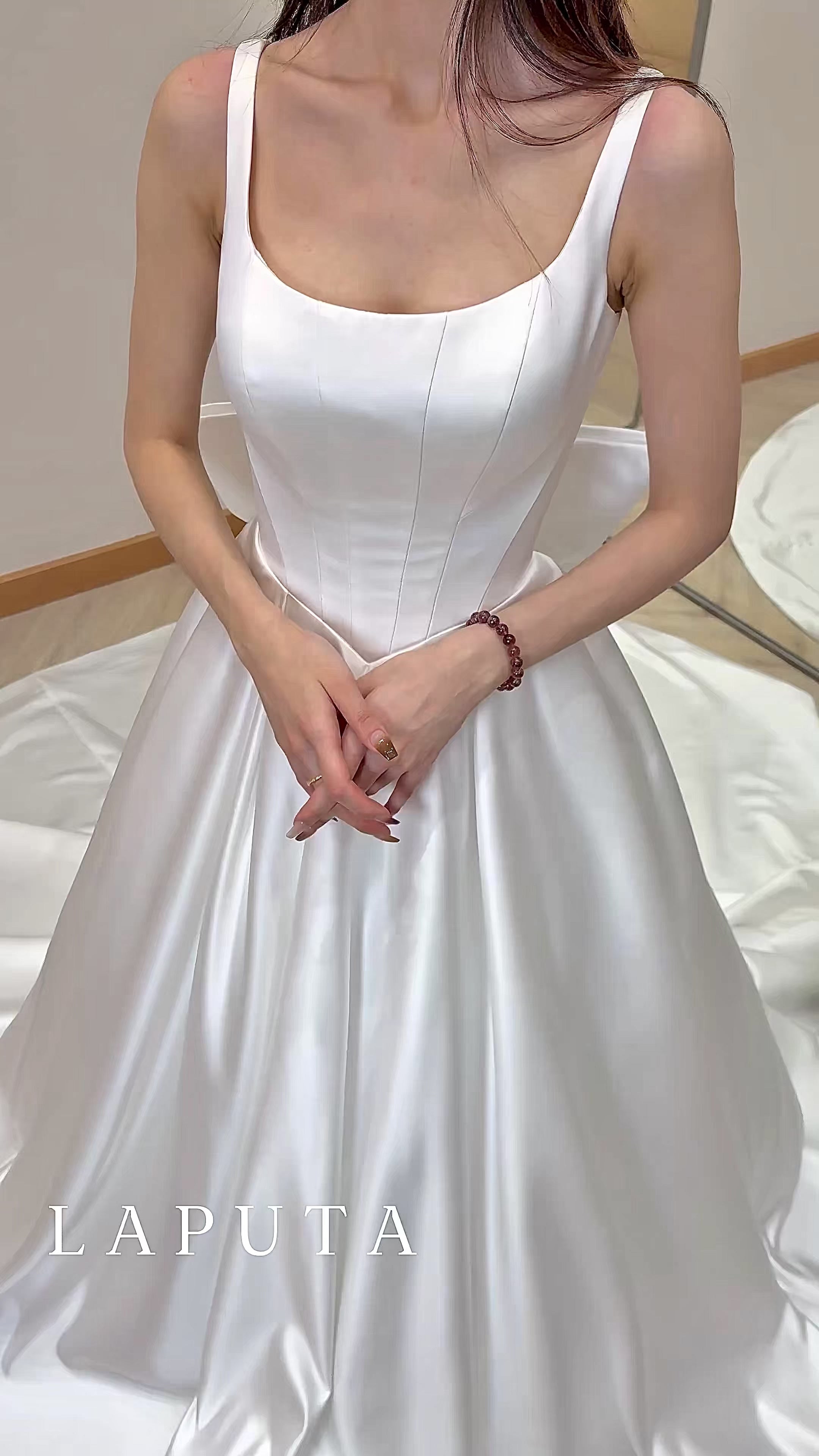 Luxurious Satin Bridal Gown with Removable Back Bow and Train