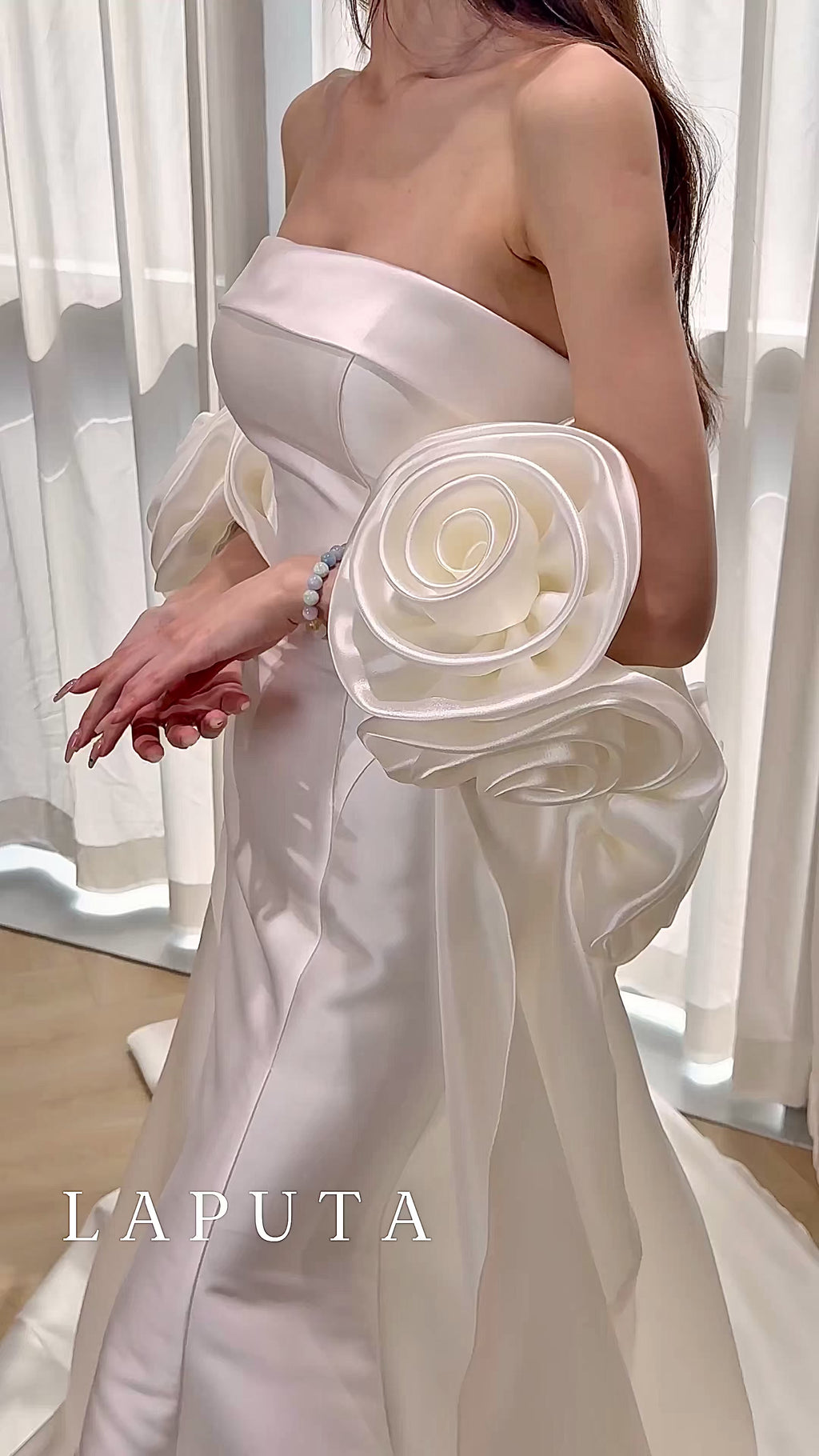 Satin Strapless Mermaid Wedding Dress with Detachable Rose Sleeves and Train