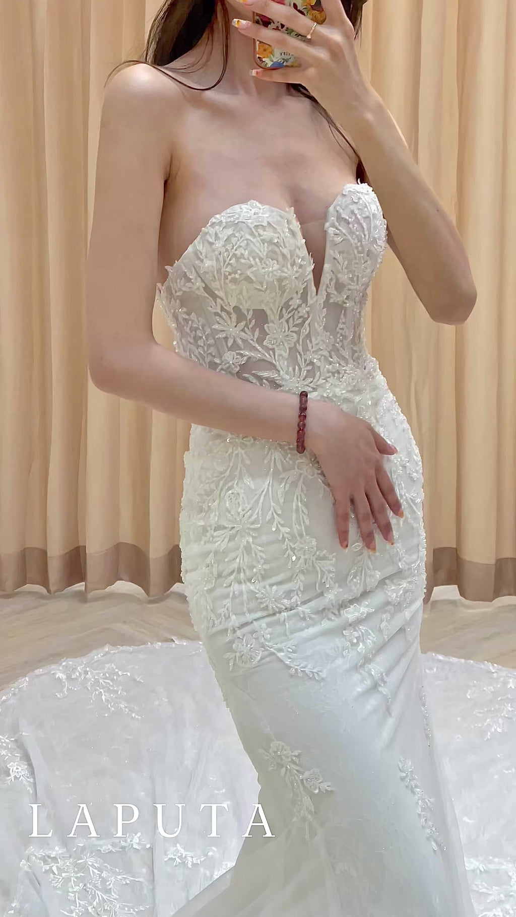 Convertible 3-in-1 Floral Lace Mermaid Wedding Dress with Plunging Sweetheart Neckline and Detachable Sleeves / Straps
