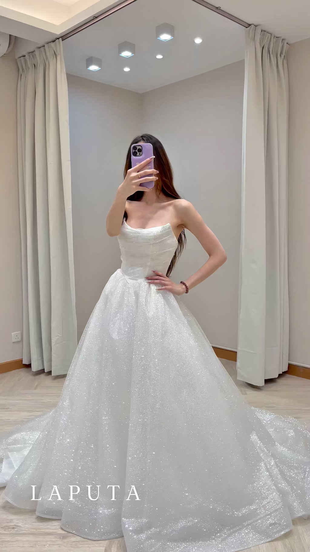 Convertible Sparkly Glitter Tulle Ball Gown Wedding Dress with Draped Bodice and Detachable Ruffle Sleeves