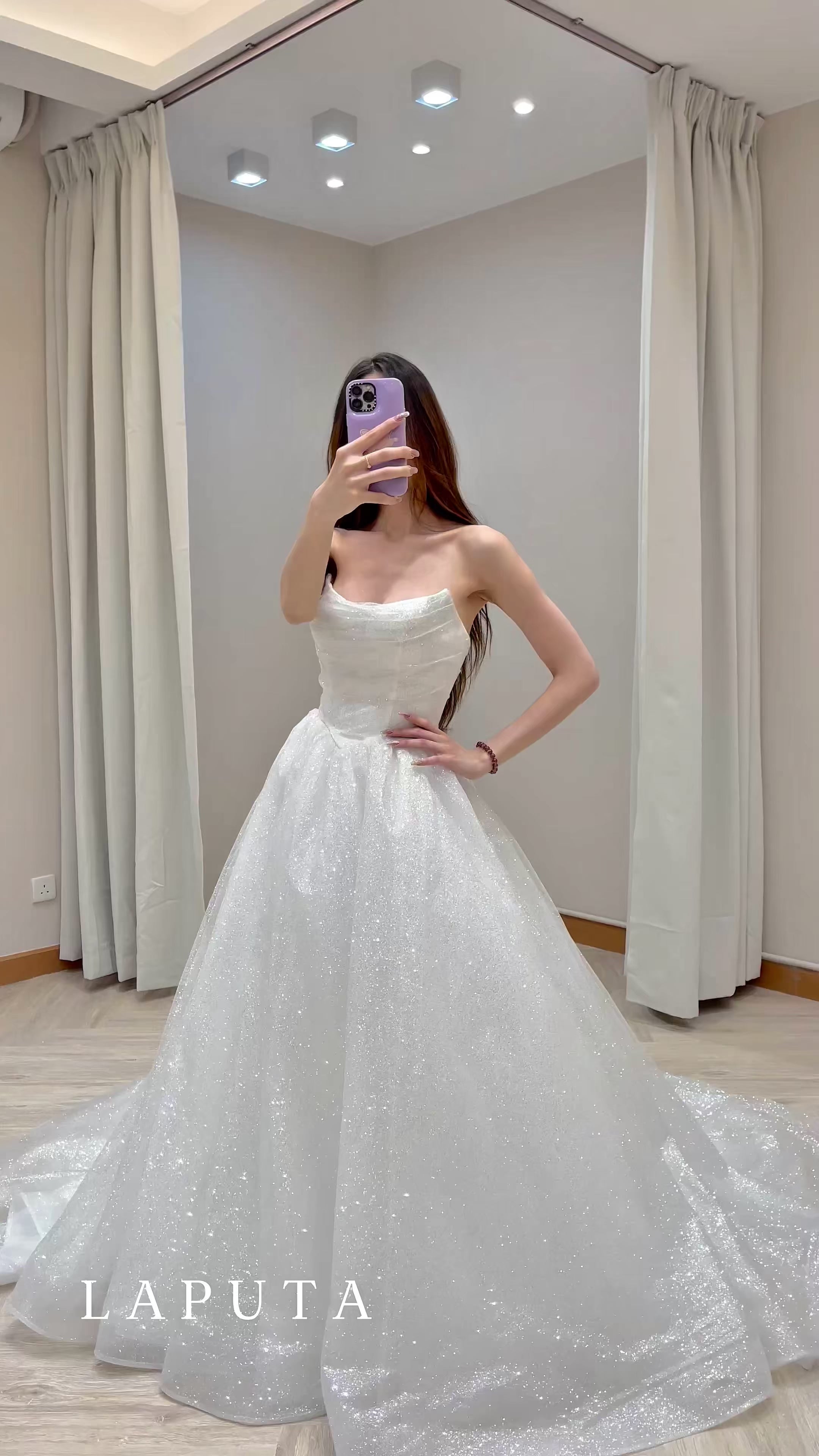 Convertible Sparkly Glitter Tulle Ball Gown Wedding Dress with Draped Bodice and Detachable Ruffle Sleeves