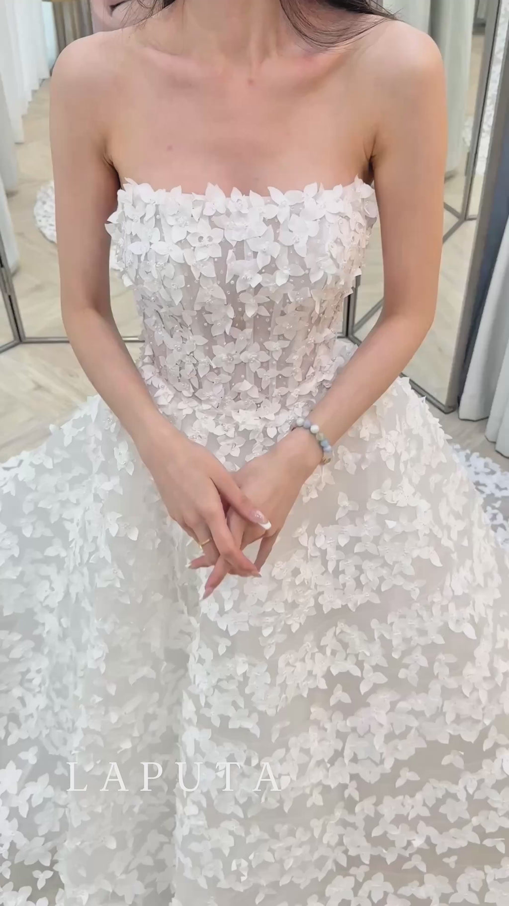 Strapless 3D Floral Appliqué Ball Gown Wedding Dress
