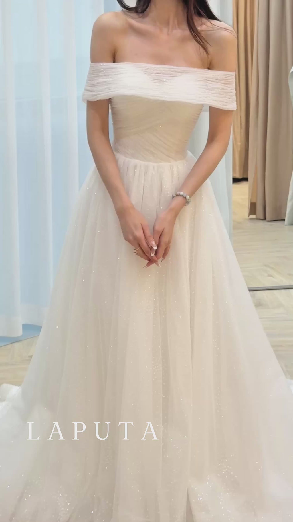 Sparkling Draped Bridal Dress with Removable Off-Shoulder Straps