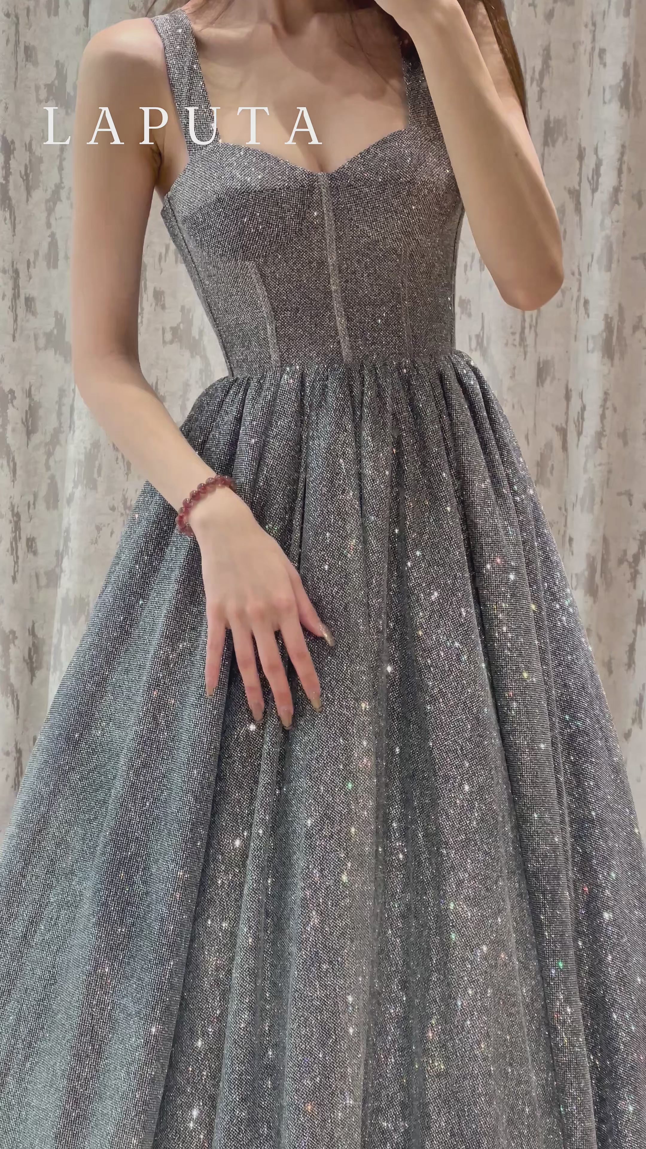 Dark Blue and Silver Iridescent Glitter A-Line Evening Dress with Wide Straps