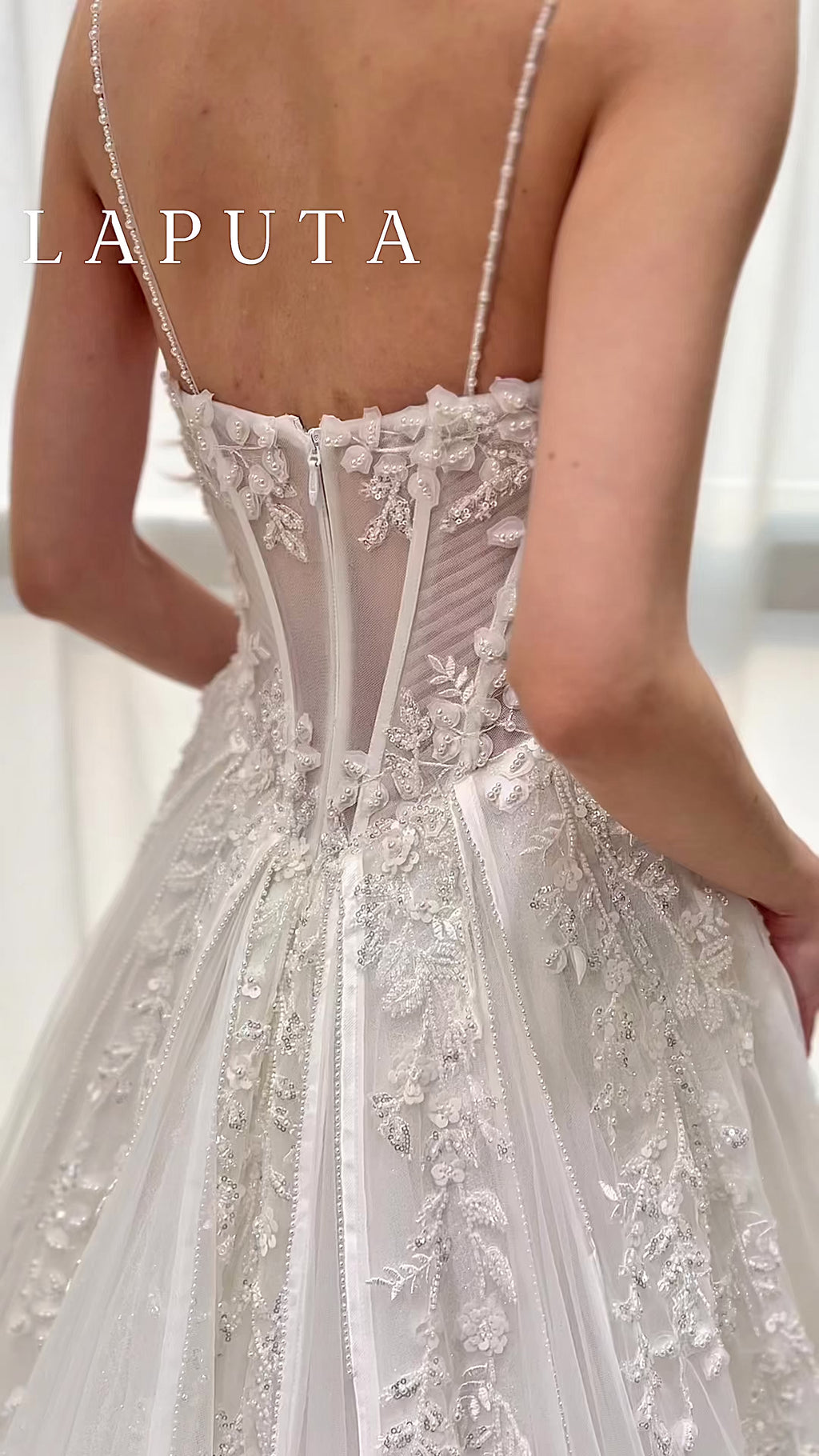 Sparkly Glitter Tulle A-Line Wedding Dress with Delicate Spaghetti Straps and Corset Bodice